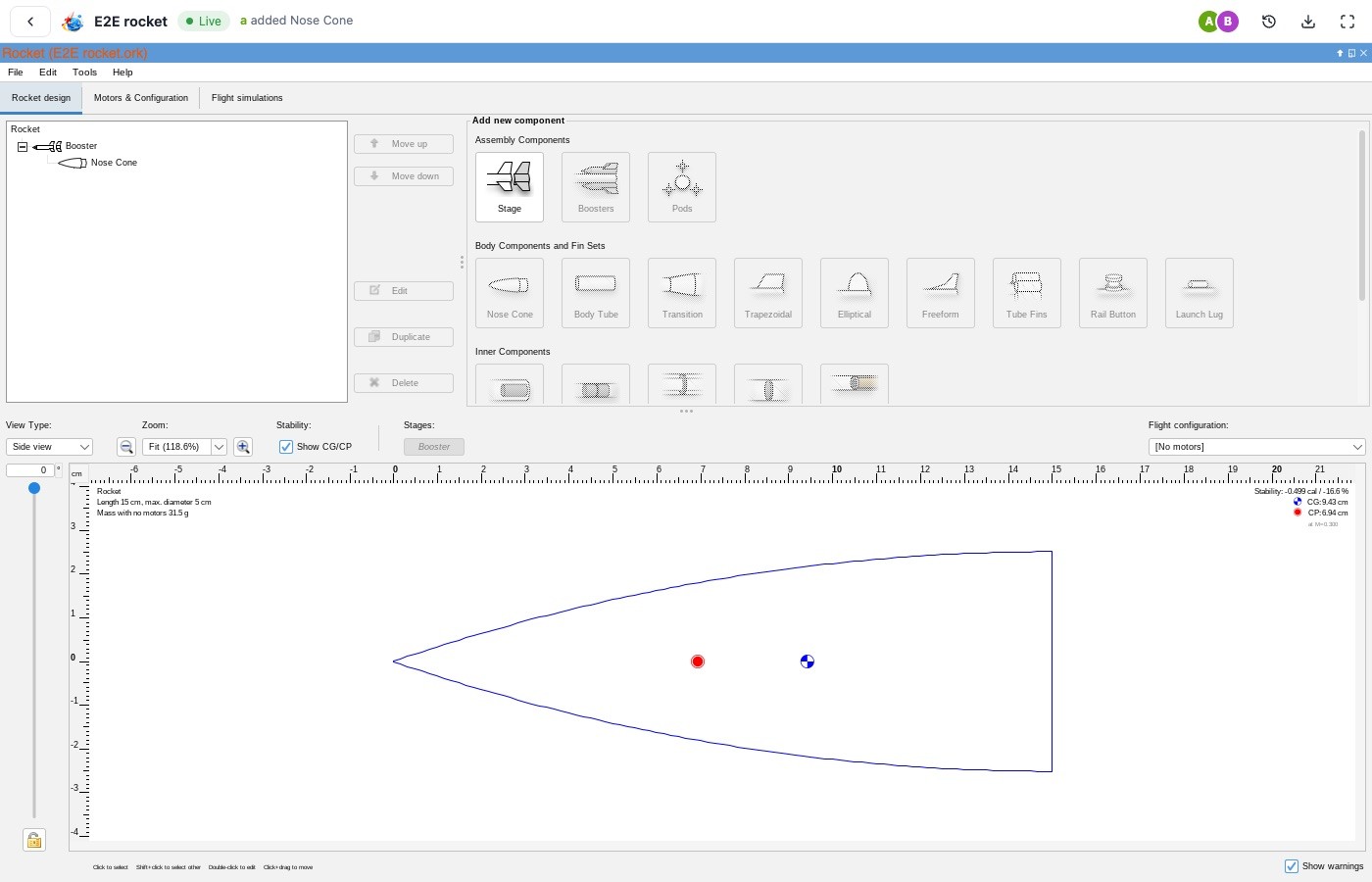 OpenRocket's rocket design window inside a browser page. The toolbar shows two people online and the note “a added Nose Cone”; the component tree and side view show the new nose cone.
