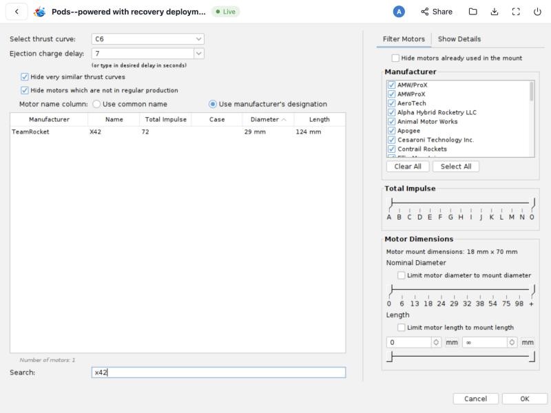 Custom motors dialog with an uploaded .eng file
