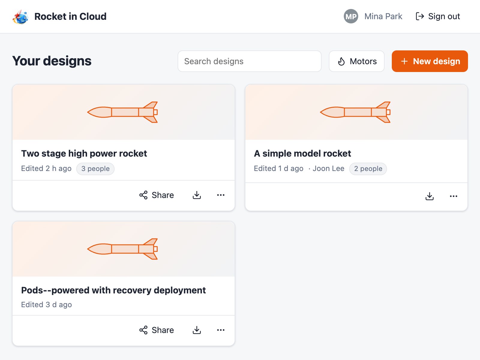 Dashboard listing rocket designs as cards