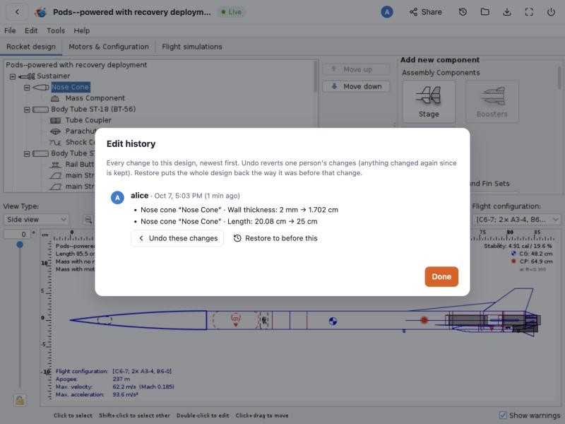 Edit history dialog listing changes by person, with undo and restore buttons